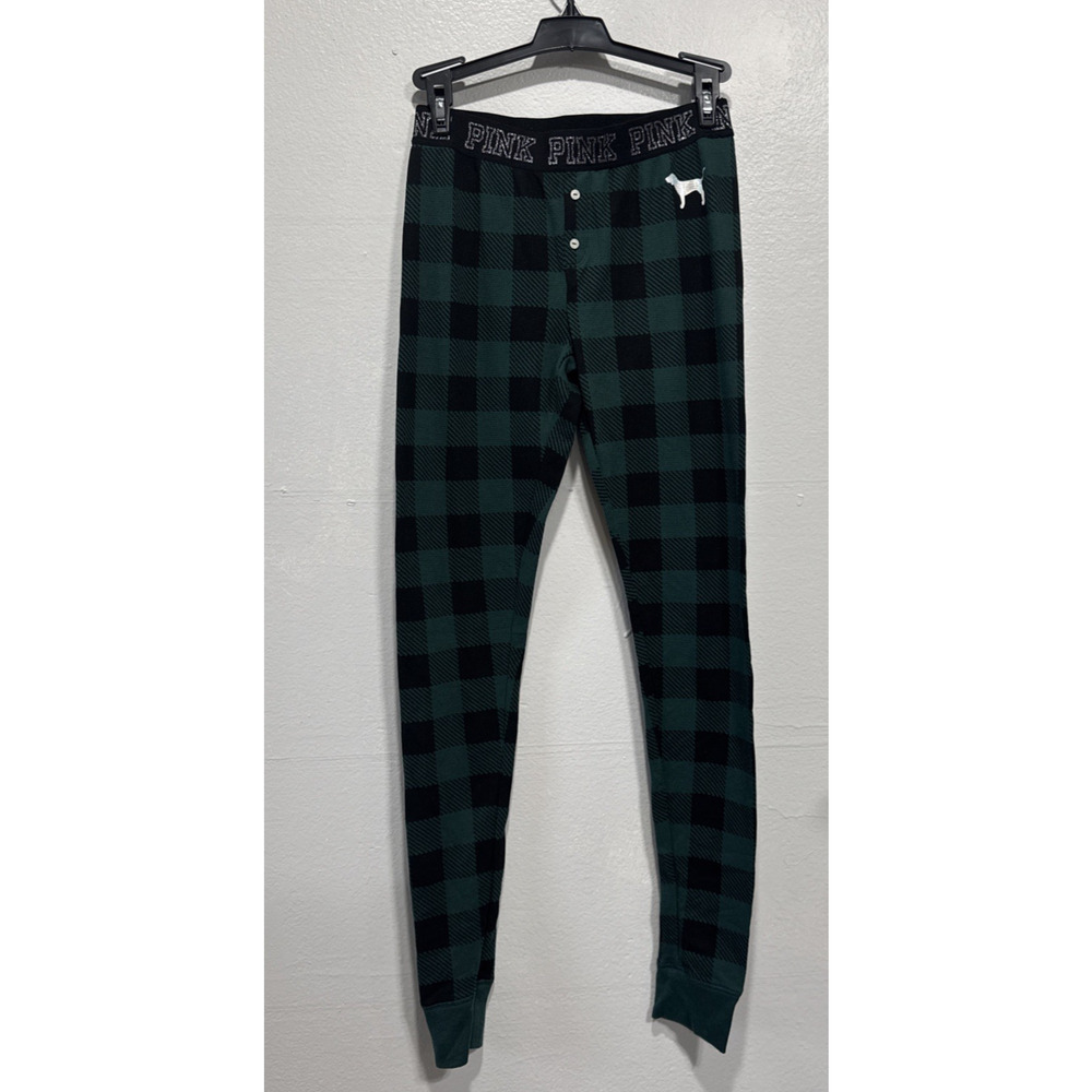 VS Pink Thermal Sleep Leggings Pants Green Plaid Metallic Threads Logo Size S